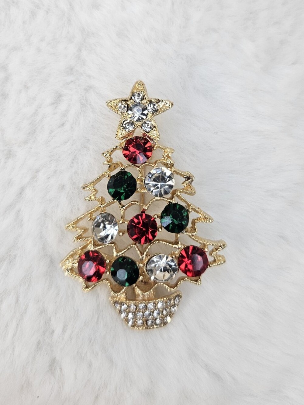 Gold-Tone Christmas Tree Brooch with Red, Green & Clear Stones